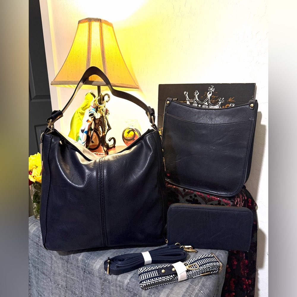 Baverge 5 pc Navy Blue Vegan Shoulder, Crossbody, & Wallet Set